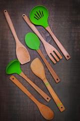 Set of wooden utensils on a table