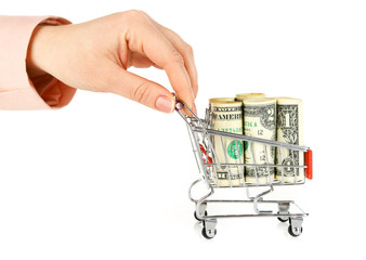 Woman holding supermarket trolley full of money, isolated on white