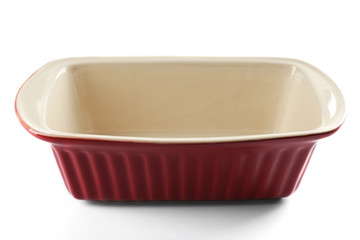 Rectangular brown ceramic baking dish, isolated on white