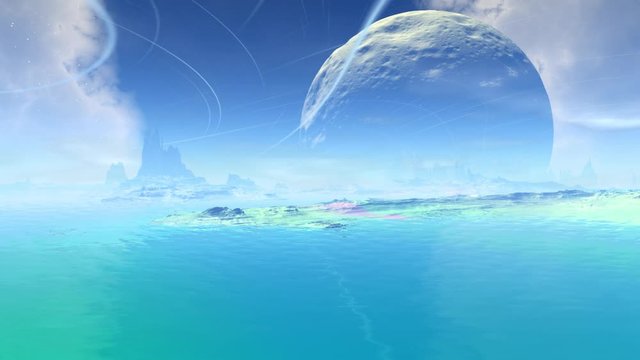 Fantasy alien planet. Rocks and lake. 3D animation. 4K 