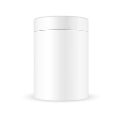 VECTOR PACKAGING: White wide round container with ribbed screw cap/lid on isolated white background. Mock-up template for design..