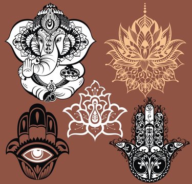 Big set with element of Indian culture. Lotus, chakras, yoga posses. Ornamental elephant and mandalas. Hamsa for luck. Medallion, yoga, india, arabic