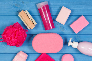 Accessories and cosmetics for personal hygiene in bathroom, concept of body care