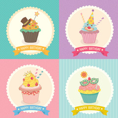 Vector of collection of fantasy cupcake  background with ribbon for birthday party invitation or greeting card.Bakery menu cake cafe.Cute style.