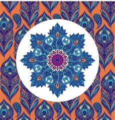 Colorful mandala in shades of blue with peacock feathers