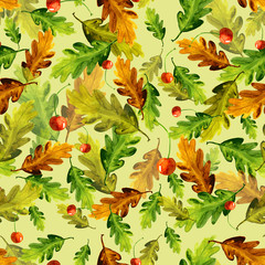 Осенние листья дуба, ягоды вишня,
паттерн акварелью