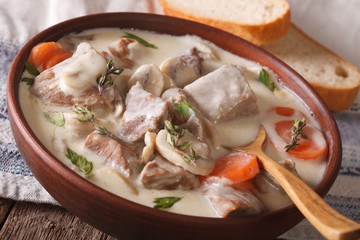 Beef with mushrooms in cream sauce in a bowl. horizontal
