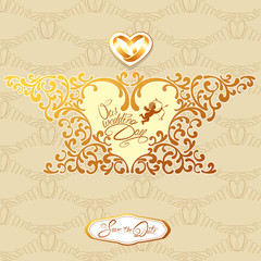 Wedding invitation card with floral elements, frame in heart sha