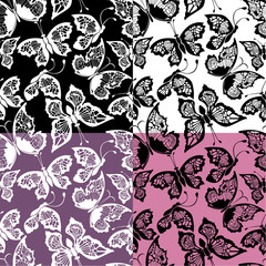 Set of seamless patterns with silhouette butterflies on color, w