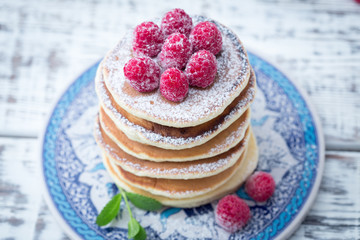 Breakfast: homemade pancakes with raspberry.