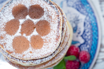 Breakfast: homemade pancakes with raspberry.
