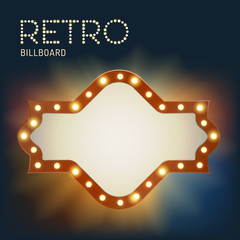 Vintage shining retro light banner with bright bulbs. Realistic lights with transparent glow. Vector illustration.