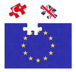 European Union flag missing United Kingdom Great Britain jigsaw puzzle piece, Brexit, EU sunset, Turkey in, replacement