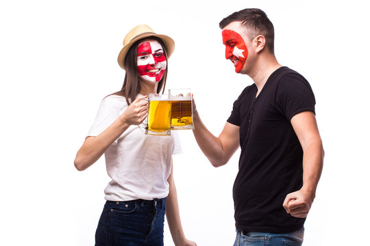Croatia and Turkey football fan drink beer on white background. European football fans concept.