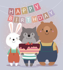 Cute Happy Birthday card with funny animals. Bear, hare, wolf, and cake. Vector illustration eps10.