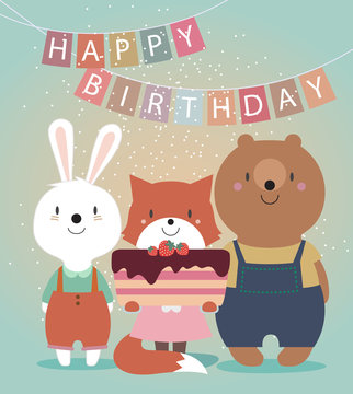Cute Happy Birthday card with funny animals. Bear, hare, fox and cake. Vector illustration eps10.