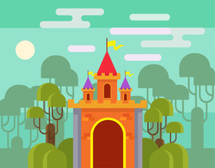 Magic fantasy castle. Vector flat cartoon illustration