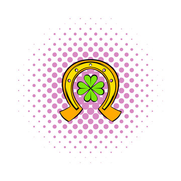 Horseshoe and four leaf clover icon, comics style