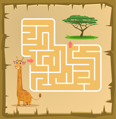 Naklejka premium Labyrinth game for children with giraffe. Vector cartoon illustration