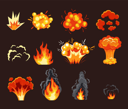 Explosion animation effect. Vector flat cartoon illustration set