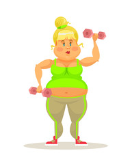 Fat women exercising. Vector flat cartoon illustration