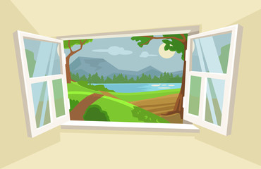 Open window. Vector flat cartoon illustration