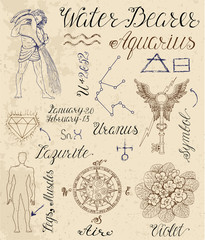 Full set of symbols for zodiac sign Aquarius or Water Bearer - obrazy, fototapety, plakaty