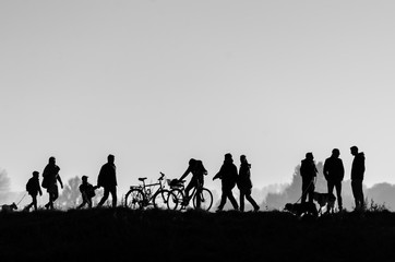 Menschen mit Fahrrädern und Hunden im Gegenlicht