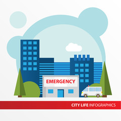 Hospital building icon in the flat style. Emergency hospital building. Concept for city infographic.