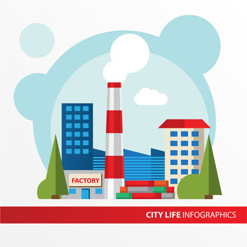 Factory building icon in the flat style. Industrial factory building. Concept for city infographic. © koshenyamka