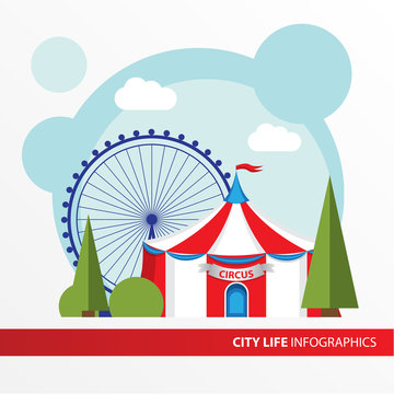 Red and white Circus tent icon in the flat style. Big Top Circus Tents. Concept for city infographic.