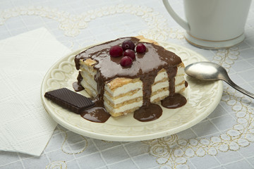 Cake on a plate with chocolate sauce