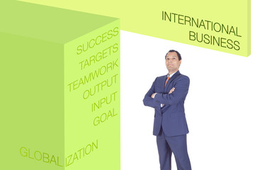 Confident Businessman and business words - international business