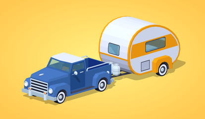 Blue retro pickup with orange-white motor home against the yellow background. 3D lowpoly isometric vector illustration