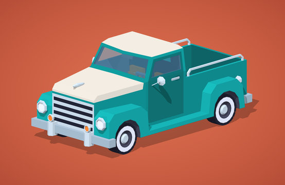 Turquoise retro pickup against the red background. 3D lowpoly isometric vector illustration