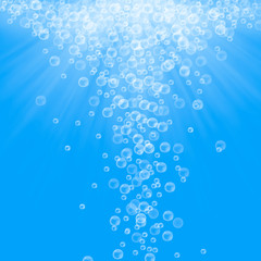 unterwasser, abstrakte wasserblasen isoliert auf blau im sonnenlicht, konzept illustration für kosmetik, hygiene, pharmazie - obrazy, fototapety, plakaty