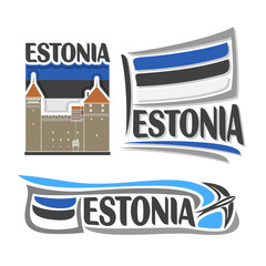 Vector of logo for Estonia, consisting of 3 isolated illustrations: Kuressaare Episcopal Castle on background of national state flag, symbol of Estonia and estonian flag beside swallow barn close-up