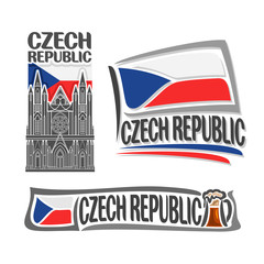 Vector logo for Czech Republic, consisting of 3 isolated illustrations: St. Vitus Cathedral on background of national state flag, symbol Czech Republic and Czekh flag beside frothy beer mug close-up