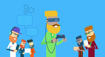 Man People Group Hold Laptop, Tablet, Smart Phone, Remote Console Wear Digital Glasses Chat Bubble Technology