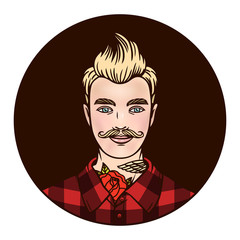 Vector logo hipster cartoon style. A young man. Hipsters with tattoos in a shirt.