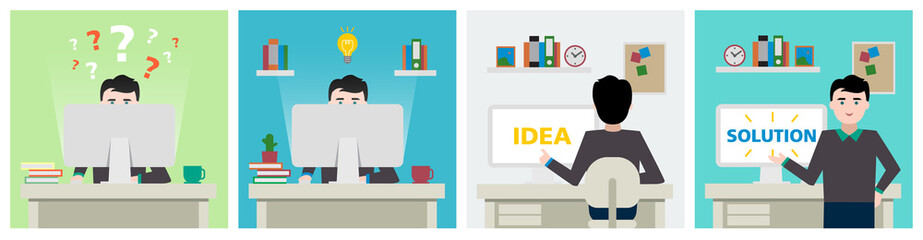 Man at workplace with questions, idea and solution.