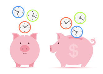 Pink piggy bank with falling clock faces. time is money concept
