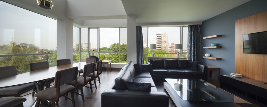  open plan living room of a luxury duplex apartment.panorama