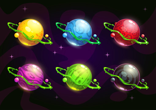 Funny colorful fantasy planets set