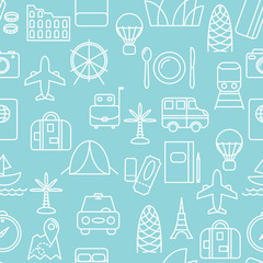 Thin line icons seamless pattern. Travel and transportation icon blue background for websites, apps, presentations, cards, templates.