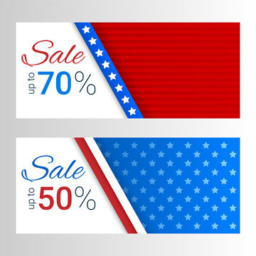 Banners with stripes and stars in colors of the American flag. Set of modern vector horizontal banners. Sale, discount theme.