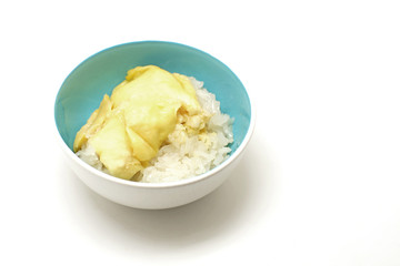 thai dessert, durian sticky rice with coconut milk sauce