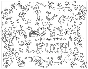 Decorative Coloring poster live love laugh black on white 