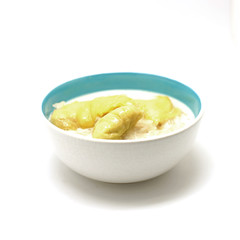 thai dessert, durian sticky rice with coconut milk sauce