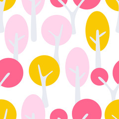 Stylized cartoon tree spring forest seamless pattern. Abstract fun kid tree background for textile fabric and wallpaper.